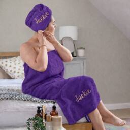 Duncan Stewart Women's Personalised Towelling Sarong & Hair Turban Wrap Set in Purple