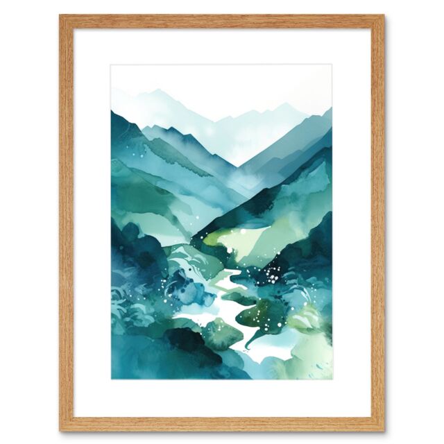 "Artery8 Wall Art Print River Trail in the Scottish Highlands Modern Landscape Watercolour Painting Artwork Framed 9X7 Inch in Beige - Size: W7"" x H9""" - image 1
