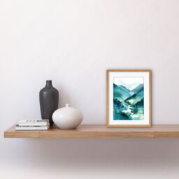 "Artery8 Wall Art Print River Trail in the Scottish Highlands Modern Landscape Watercolour Painting Artwork Framed 9X7 Inch in Beige - Size: W7"" x H9""" - thumbnail 2