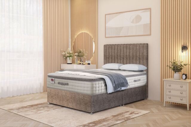 "Somnior Eleanor Tweed Divan Bed Set with Pillowtop Mattress & 54"" Headboard in Brown - Size: Single" - image 1