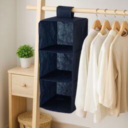 Orsina 3-Section Hanging Garment Organiser In Black, Compact Fabric Wardrobe Storage With Hook & Loop Fastening in Blue - thumbnail 3