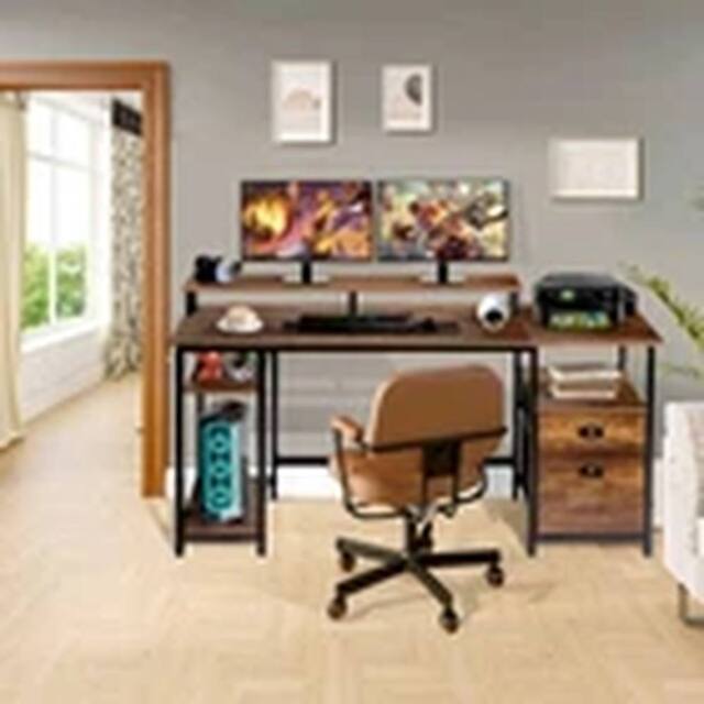 EONLION Gaming Desk with LED Lights Computer Desk with Monitor in Brown - image 1
