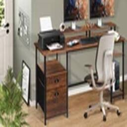 EONLION Gaming Desk with LED Lights Computer Desk with Monitor in Brown - thumbnail 3