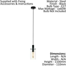 Loops Pendant Ceiling Light Colour Black Shade Clear Glass Minimalist Bulb E27 1x60W - thumbnail 2