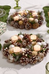 Dibor Set of 2 Silver Round Table Centrepiece Christmas Decoration Candle Holders Tealight Holder 30cm in White - Size: 2 Pack