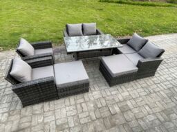 Fimous 8 Seater High Back Outdoor Garden Furniture Rattan Sofa Dining Table Set with Armchair 2 Big Footstool Dark Grey Mixed - thumbnail 2