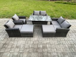 Fimous 8 Seater High Back Outdoor Garden Furniture Rattan Sofa Dining Table Set with Armchair 2 Big Footstool Dark Grey Mixed - thumbnail 1