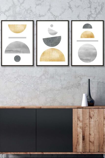 ARTZE Golden Yellow & Grey Abstract Mid Century Geometric Framed Wall Art - Medium in Black - Size: W45 cm x H62 cm x D20mm - image 1
