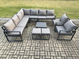Fimous Aluminium Outdoor Garden Furniture Set Lounge Corner Sofa 2 Pcs Chair Square Coffee Table Sets with 2 Small Footstools Dark Grey - thumbnail 2