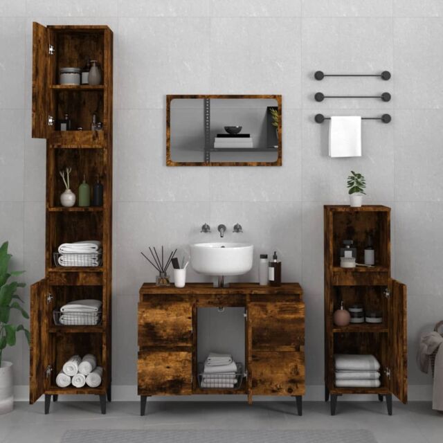 Berkfield Home 3 Piece Bathroom Furniture Set Smoked Oak Engineered Wood in Brown - image 1