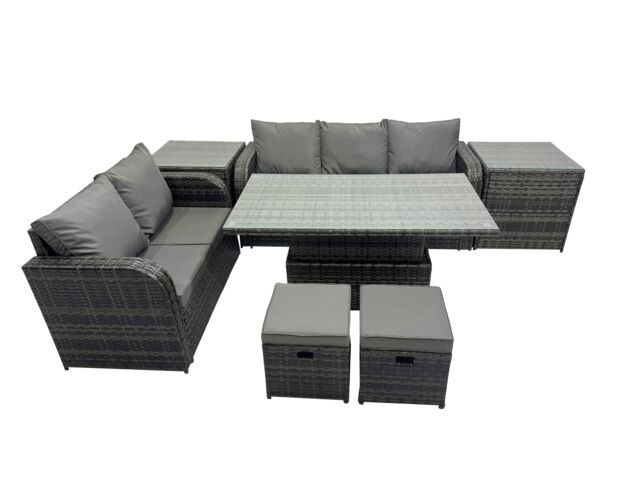 Fimous Rattan Garden Furniture Dining Set 7-seater with 2 Small Footstools in Dark Grey - image 1