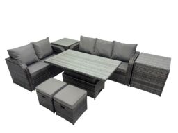 Fimous Rattan Garden Furniture Dining Set 7-seater with 2 Small Footstools in Dark Grey - thumbnail 2