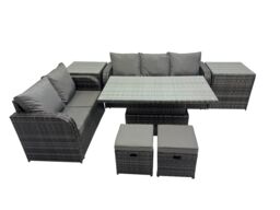 Fimous Rattan Garden Furniture Dining Set 7-seater with 2 Small Footstools in Dark Grey - thumbnail 1