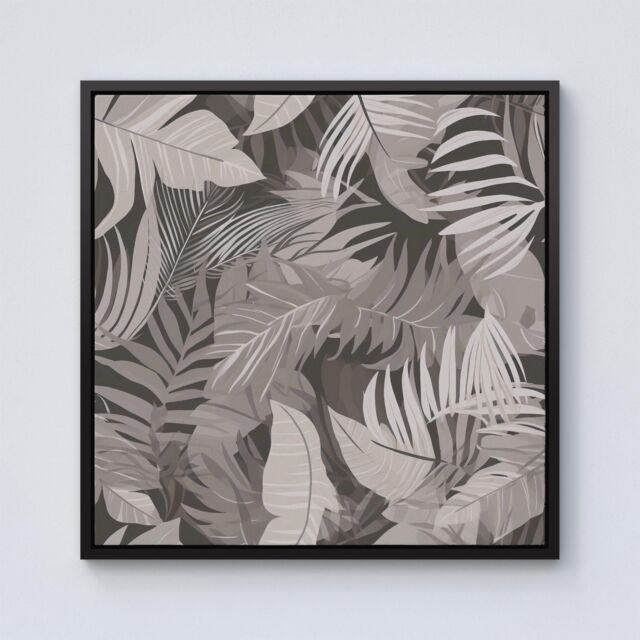 Warren Reed - Designer Grey Brown Tropical Leaves Framed Canvas in Black - Size: w10 inch x h10 inch - image 1