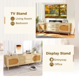 Costway Rattan TV Stand for 65-Inch TV 150CM TV Console Cabinet with Drawers in Natural - thumbnail 2
