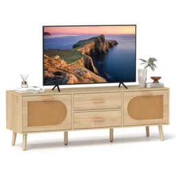 Costway Rattan TV Stand for 65-Inch TV 150CM TV Console Cabinet with Drawers in Natural - thumbnail 1