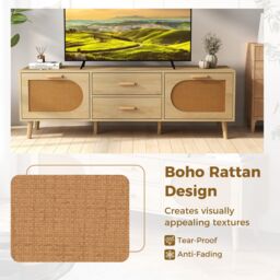 Costway Rattan TV Stand for 65-Inch TV 150CM TV Console Cabinet with Drawers in Natural - thumbnail 5