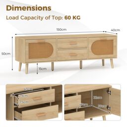 Costway Rattan TV Stand for 65-Inch TV 150CM TV Console Cabinet with Drawers in Natural - thumbnail 3