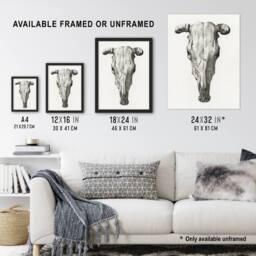 "Artery8 Skull of a Cow Pencil Drawing Bernard Vintage Wall Art Print Poster in White - Size: W12"" x H16""" - thumbnail 3