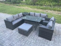 Fimous Outdoor Garden Furniture Rattan Lounge Sofa Set Patio Dining Table 2 Armchair Side Table Big Footstool 9 Seater in Dark Grey - thumbnail 2