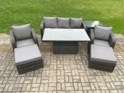 Fimous Outdoor Rattan Furniture Garden Dining Sets Adjustable Rising lifting Table Sofa Set With Chairs Side Tables in Dark Grey - thumbnail 1