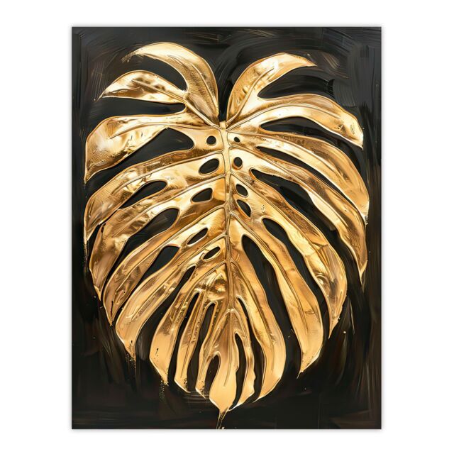 "Artery8 Plant Lover Golden Monstera Leaf Dark Painting Wall Art Print in Gold - Size: W24"" x H32""" - image 1