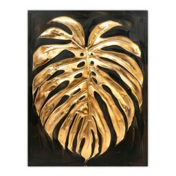 "Artery8 Plant Lover Golden Monstera Leaf Dark Painting Wall Art Print in Gold - Size: W24"" x H32""" - thumbnail 1