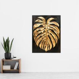 "Artery8 Plant Lover Golden Monstera Leaf Dark Painting Wall Art Print in Gold - Size: W24"" x H32""" - thumbnail 4