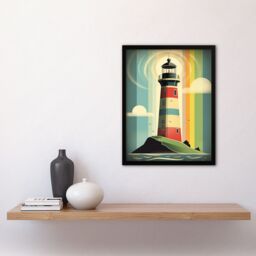 "Artery8 Modern Stylised Lighthouse Flat Style Multicoloured Seascape Illustration Art Print Framed Poster Wall Decor 12x16 inch - Size: W12"" x H16""" - thumbnail 4