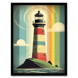 "Artery8 Modern Stylised Lighthouse Flat Style Multicoloured Seascape Illustration Art Print Framed Poster Wall Decor 12x16 inch - Size: W12"" x H16""" - thumbnail 1