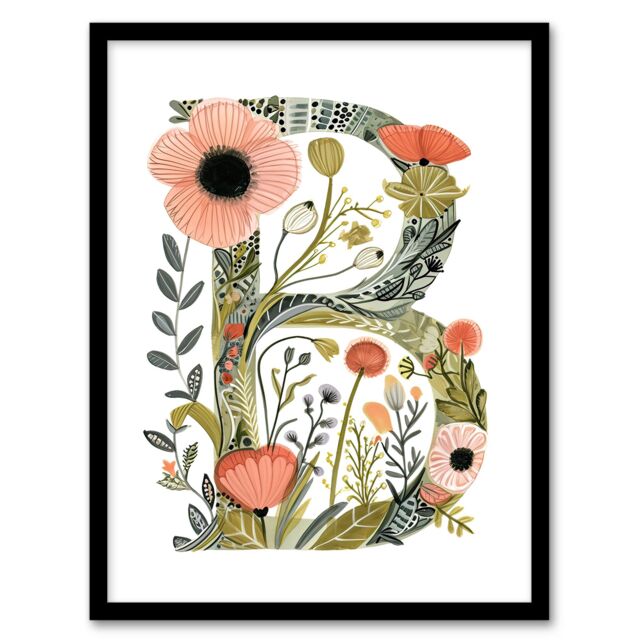 Artery8 Women's Wall Art Print Letter B in Wildflowers Watercolour Poppies Floral Word Art Framed - Size: A4 - image 1