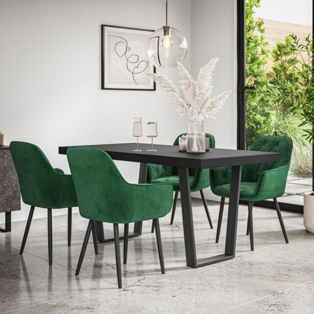 More4Homes Aria Dining Table & Chairs - Black Table Top w Black Legs + Anika Velvet Dining Chair Set Of 6 in Green - image 1