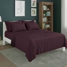 Snug City Plain Poly Cotton Easy Care Fitted Flat Sheet Matching Pillowcases Set in Plum - Size: Super King