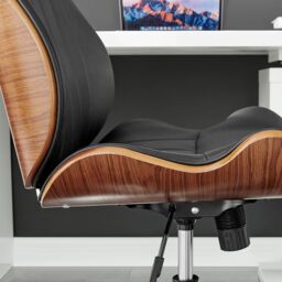 FurnitureboxUK Parker Black Faux Leather Moulded Wooden Back Mid Century Computer Desk Office Gaming Wheeled Adjustable Swivel Chair - thumbnail 5
