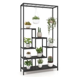 Gymax Tall Plant Stand 6-Tier Display Rack Shelf 10 Hanging Hooks 180CM in Black - thumbnail 1