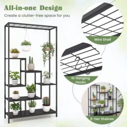 Gymax Tall Plant Stand 6-Tier Display Rack Shelf 10 Hanging Hooks 180CM in Black - thumbnail 6