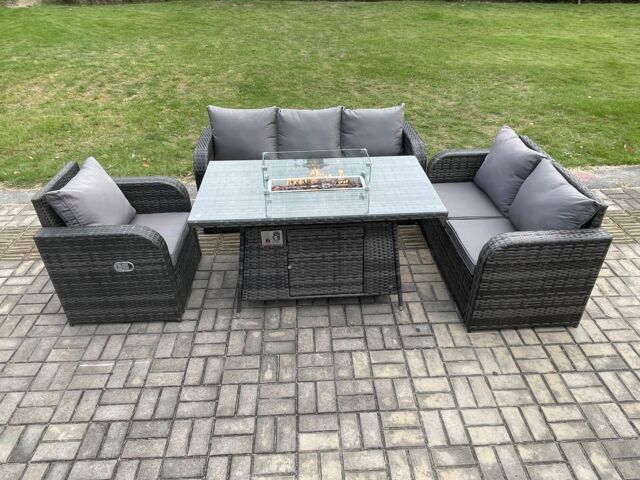 Fimous Rattan Garden Furniture Set with Fire Pit Table 6 Seater Outdoor Lounge Sofa Set Dark Grey Mixed - image 1