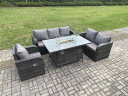 Fimous Rattan Garden Furniture Set with Fire Pit Table 6 Seater Outdoor Lounge Sofa Set Dark Grey Mixed - thumbnail 3