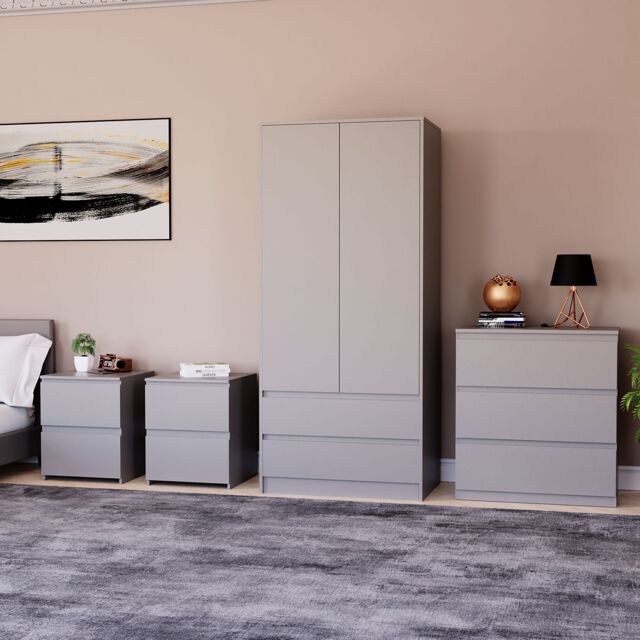 Home Discount Vida Designs Denver 4Pc Bedroom Set(2 Bedside, 3 Drawer Chest, Wardrobe) in Grey