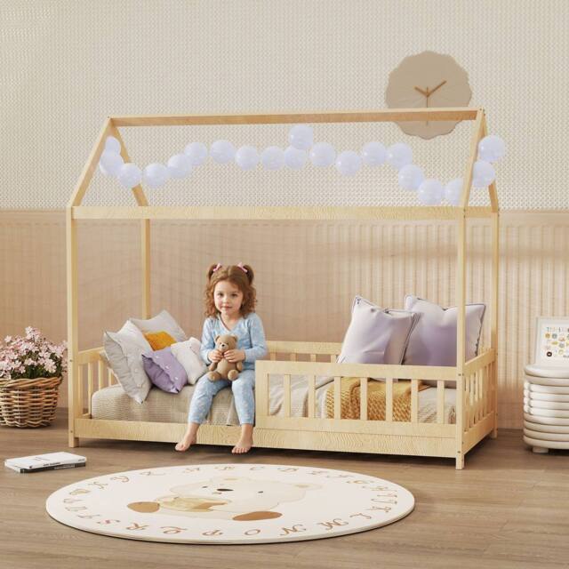 HOMCOM House-Shaped Kids Bed Frame with Guard Rails for Kids, Natural - image 1