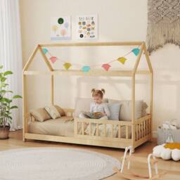 HOMCOM House-Shaped Kids Bed Frame with Guard Rails for Kids, Natural - thumbnail 2