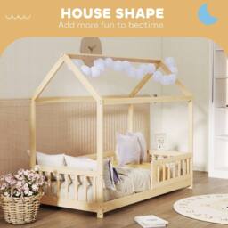 HOMCOM House-Shaped Kids Bed Frame with Guard Rails for Kids, Natural - thumbnail 4