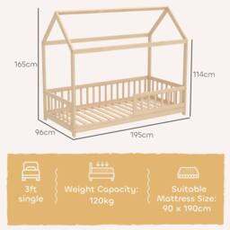 HOMCOM House-Shaped Kids Bed Frame with Guard Rails for Kids, Natural - thumbnail 3