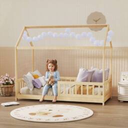 HOMCOM House-Shaped Kids Bed Frame with Guard Rails for Kids, Natural - thumbnail 1