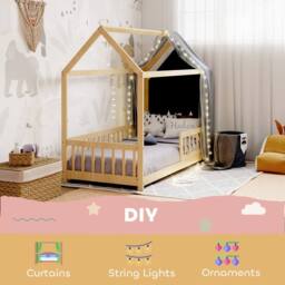 HOMCOM House-Shaped Kids Bed Frame with Guard Rails for Kids, Natural - thumbnail 6
