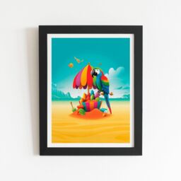 "Warren Reed - Designer Parrot On A Beach Holiday Framed Art Print in Black - Size: W16"" x H24""" - thumbnail 1