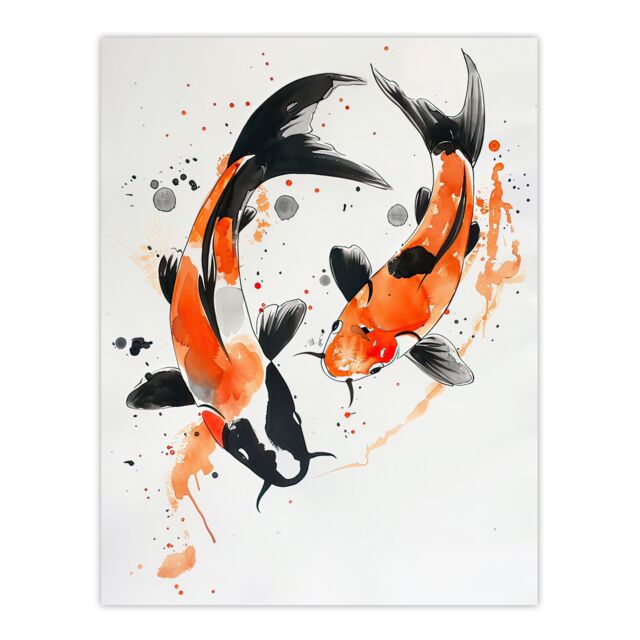 "Artery8 Two Koi Carp Japanese Fish Bright Watercolour Wall Art Print in Orange - Size: W12"" x H16""" - image 1