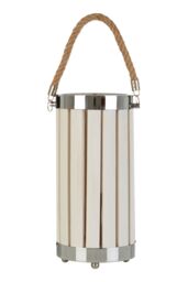 Orsina White Slatted Lamp Holder With Nautical Rope Detail, Chrome-Trimmed Cylindrical Lamp, Stylish Small Lamp - thumbnail 1