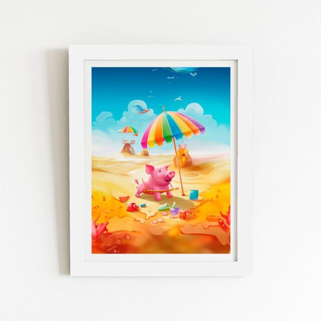 "Warren Reed - Designer Pig On A Beach Holiday Framed Art Print in White - Size: W24"" x H36""" - image 1