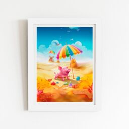 "Warren Reed - Designer Pig On A Beach Holiday Framed Art Print in White - Size: W24"" x H36""" - thumbnail 1